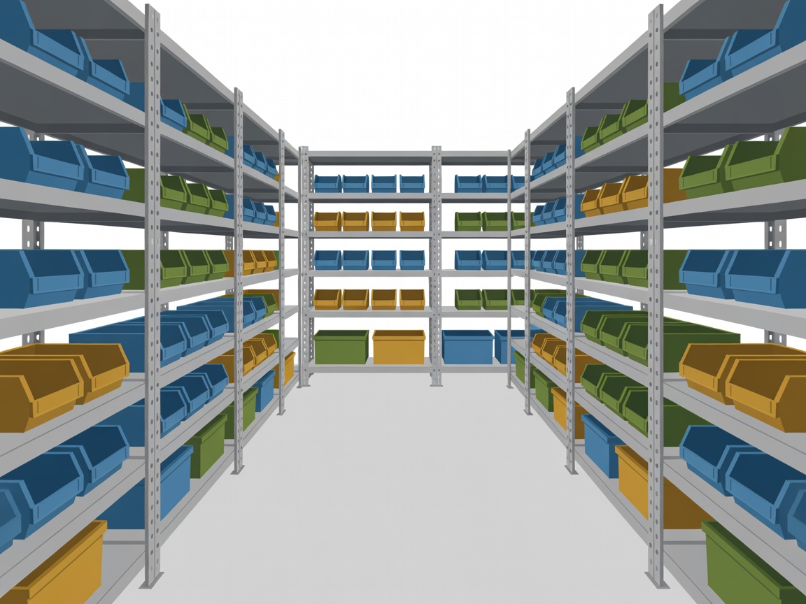 Flat vector illustration of organized storage with supported containers, secured shelving and a clear retrieval aisle