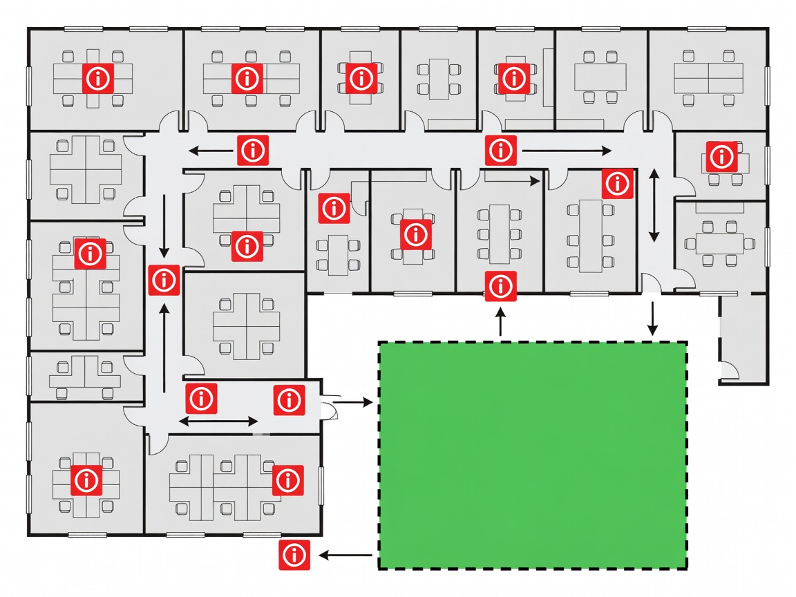Flat vector workplace plan showing accessible emergency information points and a clearly identified assembly location